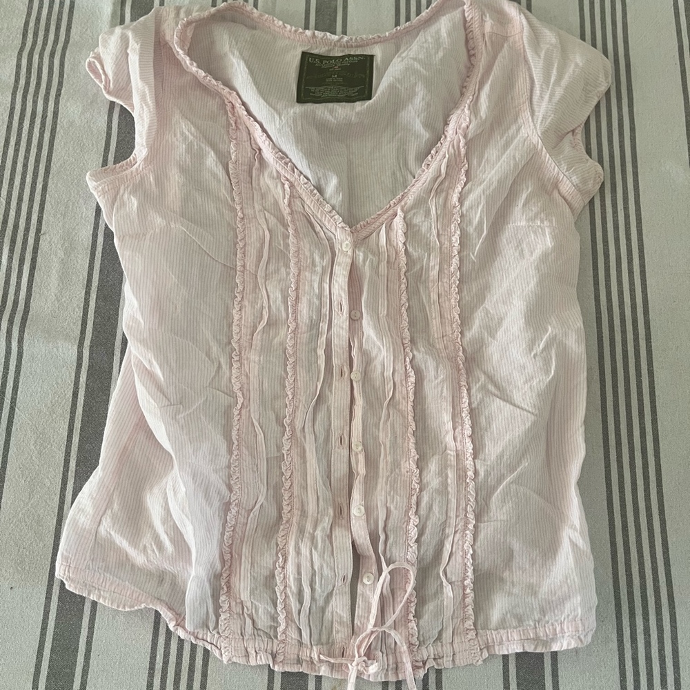 Y2K 2000’s US Polo Assn White & Pink Striped Button Down Top with Ruffles